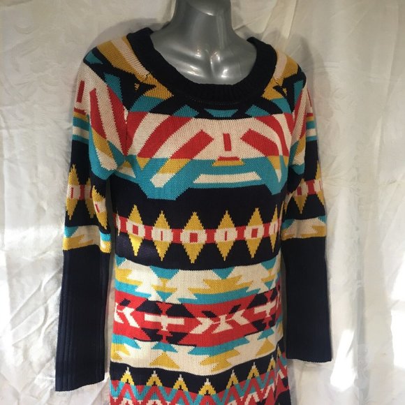 Vintage Jessica Simpson Long Sweater Size XS Tribal Aztec Navy Mustard Y2K - Picture 5 of 14